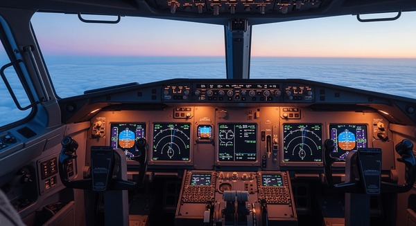 Airline cockpit at sunset